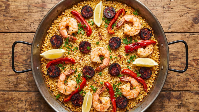 Paella style cauliflower with shrimp and chorizo
